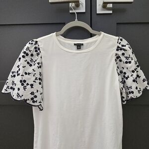 Ann Taylor White Tee with Navy Embroidered Flowers on Petal Cut Sleeves